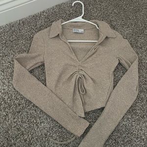 Light brown polo collar top with gathered detail
